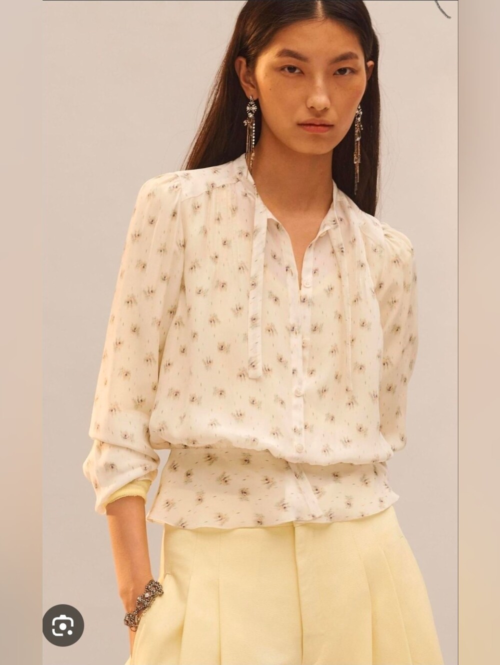 ZARA Studio Cream Floral Tie Neck Pintuck Peplum Blouse S